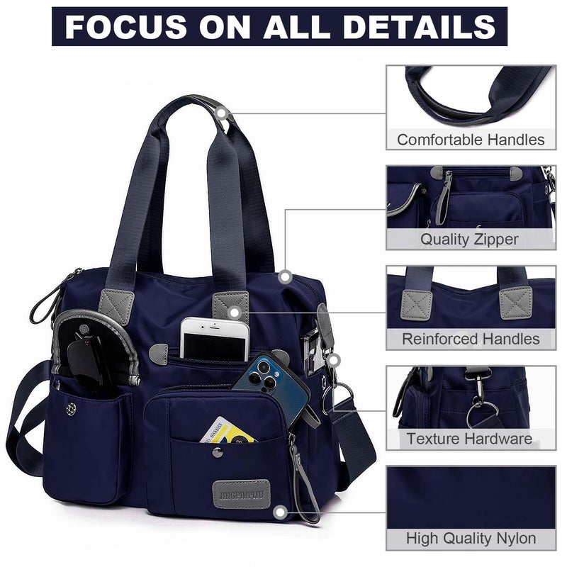 YouNuo Women Nylon Tote with Multiple Pockets & Zipper, Work Nursing Bag, Large Shoulder Purse,Waterproof Galaxy Cross body Bag for Travel (Pure Navy Blue) - Image 3